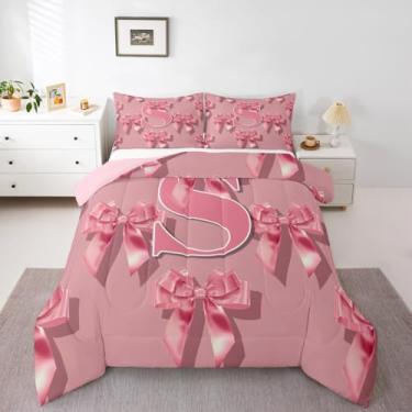 Imagem de jejeloiu Conjunto de cama com laço rosa para meninas, conjunto de edredom com laço fofo, tamanho casal, letra P, monograma, decoração de quarto, laços kawaii, 3 peças com 2 fronhas
