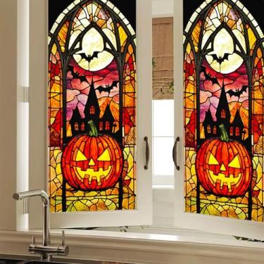 Imagem de HOMETITUTE Halloween Pumpkin Bat Vitral Película para Janela Castelo Assustador Decorativo Janela Adesiva Privacidade Adesivo Estático Película de Vidro Sazonal para Sala de Estar Quarto Porta Festa