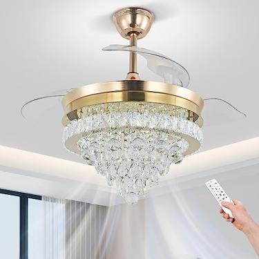 Imagem de Finktonglan Ventilador de teto dourado de cristal de 106,7 cm com luz, lustre moderno com luzes, controle remoto, lustre retrátil, ventilador de teto, suporte embutido para sala de jantar, sala de
