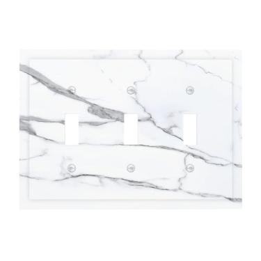 Imagem de LWDZLHD Capa de interruptor de luz de mármore cinza branco decorativo cinza 3 Gang, placa de parede com alternância tripla Switchpalte tomada elétrica para cozinha, quarto, banheiro, 16 x 12 cm
