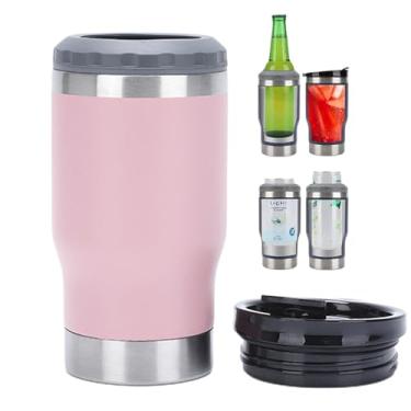 Imagem de PCSCER Caneca de viagem 4 em 1 e isolador de lata para lata de 350 ml e garrafa de cerveja. Copo de aço inoxidável isolado a vácuo e termoresfriador. (rosa)