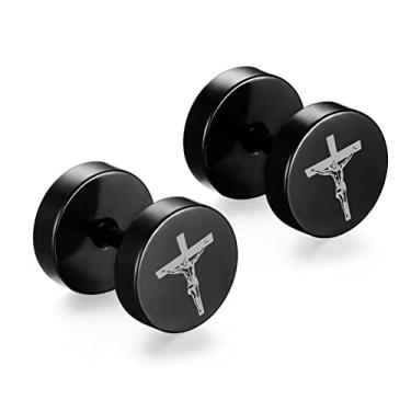 Imagem de Brincos de cruz de Jesus para homens, brincos pretos masculinos de aço inoxidável, 2 lados, crucifixo de Jesus cristão, joia inspiradora, parafuso e costas planas, plugue de orelha falso, Metal, Ágata