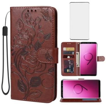 Imagem de Vavies Capa para Galaxy S9, capa carteira para Samsung S9 SM-G960U com protetor de tela de vidro temperado, capa de celular flip de couro floral com suporte para cartão de crédito para Samsung Galaxy