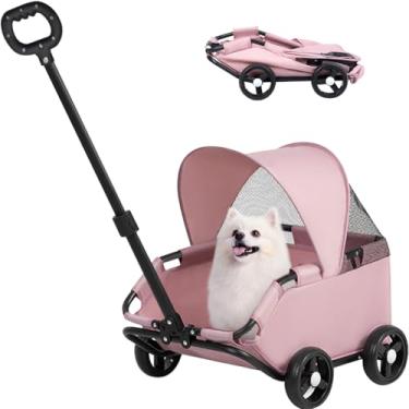 Imagem de La La Pet Carrinho de bebê para cães de 4 rodas com capa de guarda-sol dobrável de malha portátil para transporte de animais de estimação para viagens ao ar livre, compras, caminhada, adequado para
