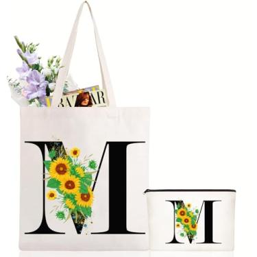 Imagem de Andeiltech Sacola de lona inicial com letra de girassol bolsa de maquiagem personalizada presente com monograma para damas de honra aniversário casamento, Letra de girassol_m, One Size