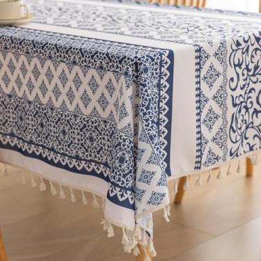 Imagem de Erbnaryx Toalha de mesa com estampa de bloco manual para mesas quadradas, bordas com franjas com padrão retrô azul, toalha de mesa decorativa para cozinha, sala de jantar, 150 x 178 cm