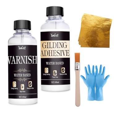 Imagem de Kit de folha dourada, adesivo de 100 ml e verniz brilhante de 100 ml e folhas de ouro 100 peças, 1 pincel, conjunto de adesivos dourados para artesanato, pintura, artes, móveis e decoração