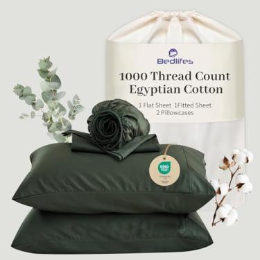 Imagem de Bedlifes Lençóis de algodão egípcio 1000 fios tamanho Queen, 4 peças de bolso profundo de 40,6 cm - roupa de cama ultramacia refrescante e respirável para conforto do hotel (verde floresta)