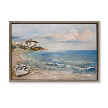 Imagem de Stupell Industries Arte de parede em tela flutuante marrom com paisagem de barco a remo Shoreline, design de Ruane Manning, 43 x 63 cm
