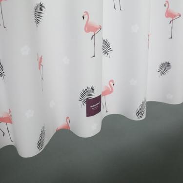Imagem de onesevennine Cortina de chuveiro de designer coreana – Sem costura, resistente à água (180 cm L x 188 cm C) Flamingo - Inclui 12 ganchos de plástico para fácil configuração