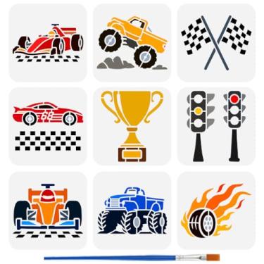 Imagem de FINGERINSPIRE 9 modelos de carros de corrida 15 x 14 cm modelo de bandeira de corrida de carros Monster Trucks estênceis de desenho de semáforos troféus com um pincel para pintura em tecido de parede