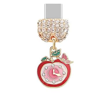 Imagem de ELISE & FONDA TP879 Tipo-C porta de carregamento cristal antipoeira pequeno relógio Apple pingente de telefone celular para iPhone 15/16/Samsung/OnePlus/Xiaomi/oppo telefones Android (vermelho)