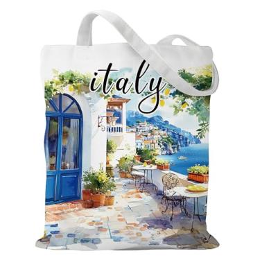 Imagem de SEAOYOZO Bolsa feminina de algodão italiana, presente de lembrança italiana, reutilizável, bolsa de lona dupla face, estampa em aquarela para viagens, compras, livros e uso diário