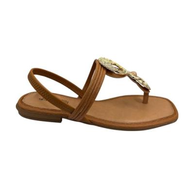 Imagem de Sandália Rasteira Feminina Mississipi Tiras Douradas Aplique Brilho MF012 (Camel, BR, Adulto, Numérico, 38)