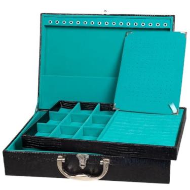 Imagem de Porta Joias Grande Em Maleta Dupla - Organizador Com VáRias Bandejas Para Bijuterias, Ideal Para Viagem - Caixa Grande Para Guardar Toda Sua ColeçãO(Preto c/Tiffany)