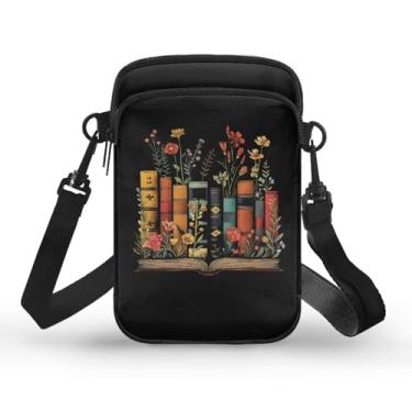 Imagem de Ecaestolph Bolsa tiracolo feminina pequena bolsa mensageiro bolsas porta-cartão chave carteira para mulheres e homens, Flor de livro preta, One Size