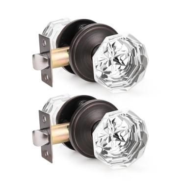 Imagem de Orger Maçaneta de porta (pacote com 2) - Estilo cristal, acabamento bronze polido a óleo, função de passagem, base de liga de zinco, trava ajustável para portas internas de até 3,5 cm de espessura