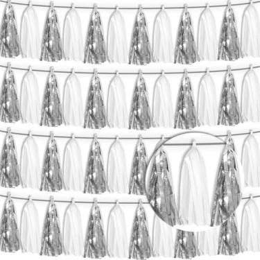 Imagem de Banner de borla prata branca 4P guirlanda de folha metálica faixa de franja borla borla flâmula pano de fundo para boias de desfile, decorações de festa de aposentadoria de noiva/chá de bebê