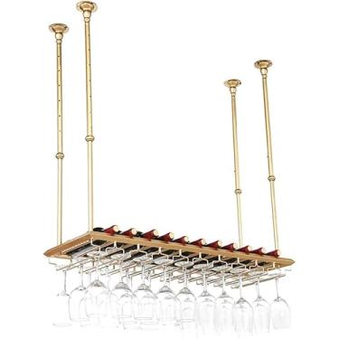 Imagem de Prateleiras de taças estilo vintage para pendurar no teto Suporte de garrafa de vinho de metal Suporte de taça de vinho Cálice Altura ajustável Preto, Bronze, Golden Bar Móveis para sala de jantar