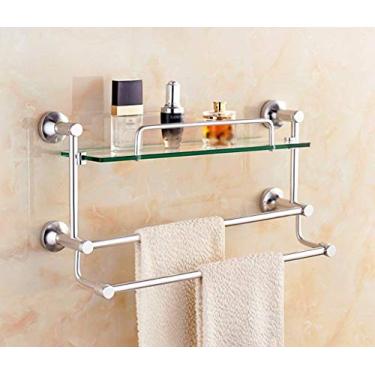 Imagem de Prateleira de vidro temperado prateleira de casa de banho individual de poste duplo com toalheiro e calha alumínio espacial montado na parede (tamanho: 58 * 12 * 29 cm) (48 * 12 * 29 cm) (48 * 12 * 29