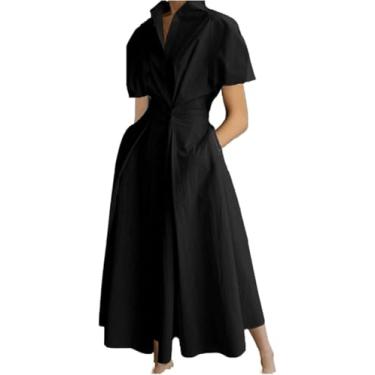 Imagem de Vestido De Botão Para Baixo Lapela Decote V Vestido Longo Com 2 Bolsos Laterais Vestido Maxi Casual Vestidos Soltos Para Mulheres Vestido De Camisa De Linha A, Black, 3XL