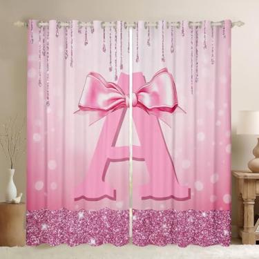 Imagem de Cortinas blackout com laço rosa para crianças com letra A com letra A, 2 conjuntos de painéis, 96 cm L x 137 cm C com laço de princesa glitter, tratamentos de janela, drapeados, decoração com