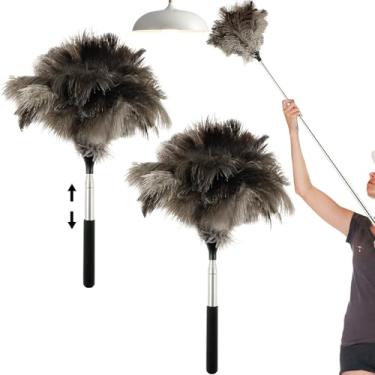 Imagem de Pacote com 2 espanadores extensíveis de penas de avestruz com poste telescópico de 39,5 a 113 cm, espanadores de penas extensíveis portáteis para ventilador de limpeza, lâmpada pendente, teto alto