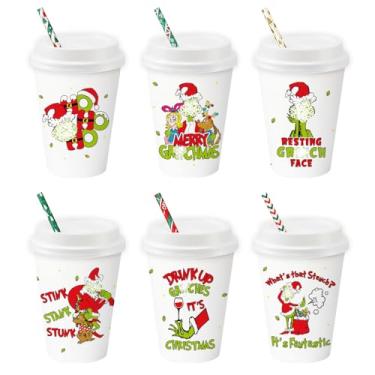 Imagem de Pacote com 48 copos de Natal com tampas e canudos, copos de papel de café descartáveis de 355 ml, suprimentos engraçados para decoração de festa de Natal, copos de bebida de festa de Natal para café