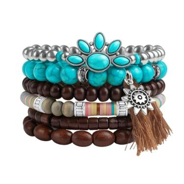 Imagem de PLwelth 6 peças de pulseiras turquesa ocidentais para mulheres, boêmia, vintage, empilhável, feita à mão, com contas de gato, pingente de pata de gato, pulseira elástica ajustável, pulseira de couro