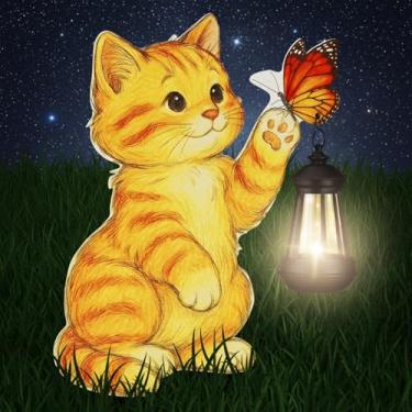 Imagem de WILLBOND Luzes solares em forma de gato de metal para jardim, placas de gato laranja decoração de quintal com borboleta, decoração de estaca de jardim externo para quintal, gramado, pátio, ideias de