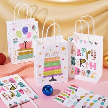 Imagem de 8 peças de sacos de presente de aniversário com alças de corda saco de festa de feliz aniversário sacos de papel colorido sacos de presente de balão impressão de bolo para presente suprimentos de