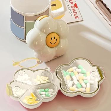 Imagem de Organizador de comprimidos de viagem, 5 compartimentos, à prova de poeira, impermeável, reutilizável, estojo portátil pequeno e fofo para vitaminas e medicamentos diários (branco leite)