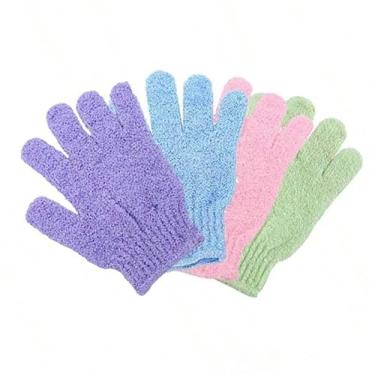 Imagem de Conjunto de 8 luvas de banho de cinco dedos de cores mistas, luvas esfoliantes corporais para chuveiro, luvas de banho reutilizáveis (roxo, azul, rosa, verde)
