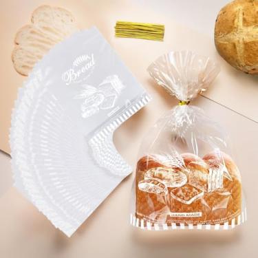 Imagem de Conjunto de 30 sacos de pão de 28 x 35,5 cm com laços dourados, saco de embalagem transparente para pão de violoncelo, sacos de celofane impressos