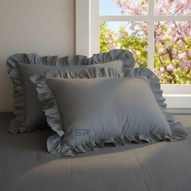Imagem de SP COTTON 100% algodão egípcio fronhas com babados 50,8 cm x 91,4 cm conjunto de 2 fronhas decorativas com fecho de zíper, cor - cinza escuro