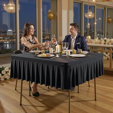 Imagem de Toalha de mesa quadrada preta de 122 x 121 cm, sem rugas, para mesas quadradas, saia de mesa de cetim de tecido decorativo lavável para casamento, aniversário, coquetel, buffet, jantar, acampamento