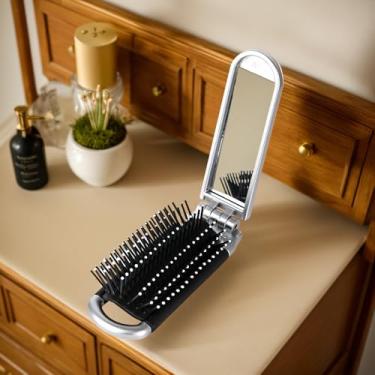 Imagem de Pente de espelho dobrável portátil criativo, pente pequeno para airbag feminino com espelho, conjunto de 1 peça, prata