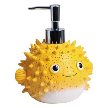 Imagem de CHOOLD Dispensador de sabão de resina baiacu com bomba de plástico, recipiente de sabonete de mão com loção recarregável, frasco de loção, amarelo