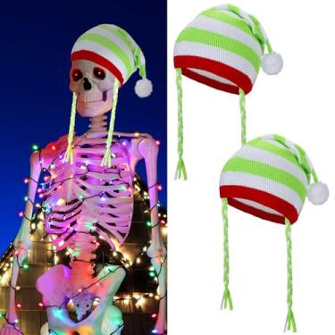 Imagem de Evervibe 2 peças de chapéu de Papai Noel gigante de esqueleto de 44 polegadas ajustável de Natal de veludo para Halloween ao ar livre (cores mistas, estilo de malha)