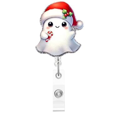 Imagem de Carretel de crachá de Natal, crachá de acrílico de fantasma fofo para crachá de identificação, chapéu de Natal, bengala, doce, retrátil, suporte de crachá, acessórios de clipe de jacaré para