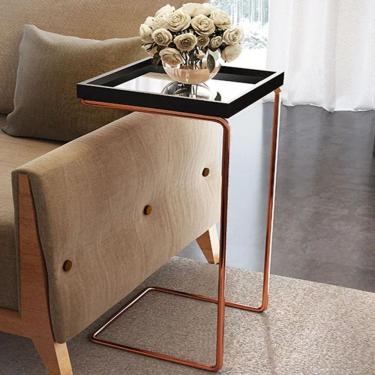 Imagem de Mesa De Apoio Para Sofa Bandeja Espelhada Laca Preta Base Bronze Preto