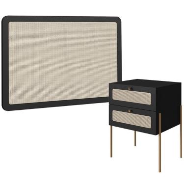 Imagem de Cabeceira Solteiro 90cm E 1 Mesa Lateral 2 Gavetas Industrial Indy A03 Nero