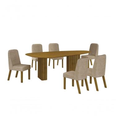 Imagem de Conjunto Sala De Jantar Mesa Orgânica Sem Vidro 200cm Com 6 Cadeiras Pé Madeira Isis Freijó-linho Palha