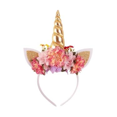 Imagem de Nishine Tiara de unicórnio simulada de margarida com glitter, coroa de chifre para meninas, lembrancinha de festa de aniversário (ouro e rosa)