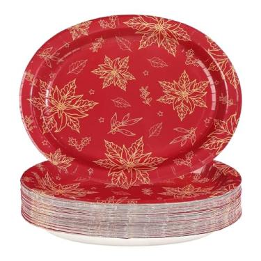 Imagem de 50 peças de pratos ovais de Natal, 25,4 x 30,5 cm, grandes, descartáveis, resistentes, ouro, flor, poinsétia, pratos de sobremesa temáticos de poinsétia, para Natal, inverno, férias, festas