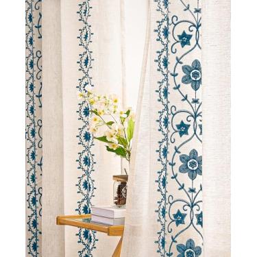 Imagem de Cortinas azuis boêmias bordadas de linho floral para quarto, 153 cm de comprimento, 2 painéis, vintage, estampa floral, cortinas de casa de fazenda, para sala de estar, ilhós, cortinas de janela, azul