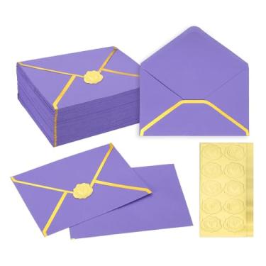 Imagem de PATIKIL Envelopes A7 100 peças, 12,7 x 17,8 cm, envelopes de convite de borda dourada, envelope de festa de correspondência, cartões de convite de casamento, aniversário, escritório, roxo