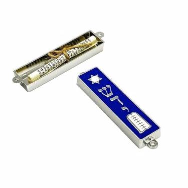 Imagem de Mezuzá Judaico Luxo 9 cm Pergaminho - De Israel azul estrela