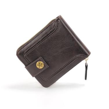 Imagem de Carteira masculina dobrável portátil com bolso com zíper e compartimento para cartão de crédito e porta-cartão com zíper, Marrom escuro, Zíper curto-marrom profundo