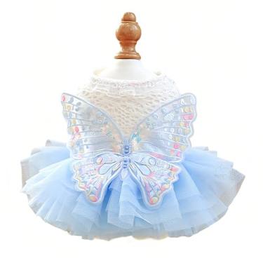 Imagem de Vestido de princesa para cães e gatos, saia de tule de borboleta de fada, blusa de malha branca com fundo inchado azul, coleira de renda, asas bordadas, roupa de filhote de gatinho 3,8-4,5 kg (azul